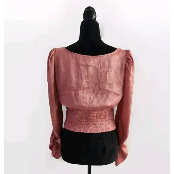 Free People Santiago blouse in Pink Cinnamon long sleeve satin top Size Medium - Picture 5 of 10